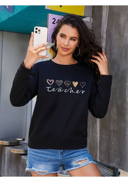 Teacher Baskılı Bisiklet Yaka Ünisex Siyah Oversize Sweatshirt