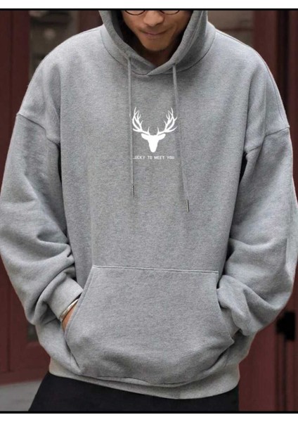 Meet You Baskılı Erkek Kapüşonlu Kanguru Cep Ünisex Oversize Sweatshirt