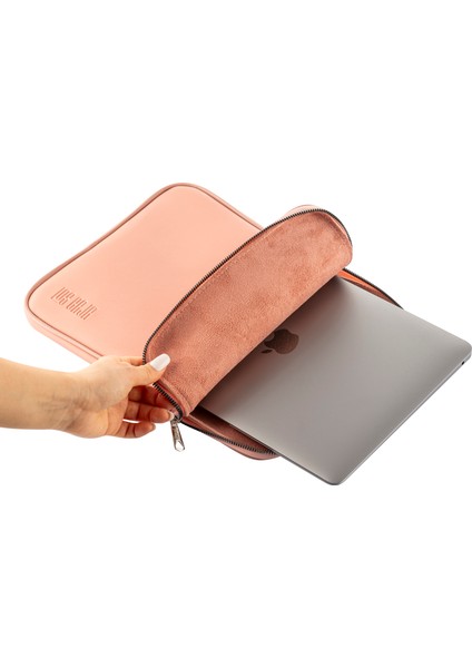 13” - 14" İnç Su Geçirmez, Vegan Deri Ve Fermuar Özellikli Macbook & Tablet & Laptop Çantası (Pudra)