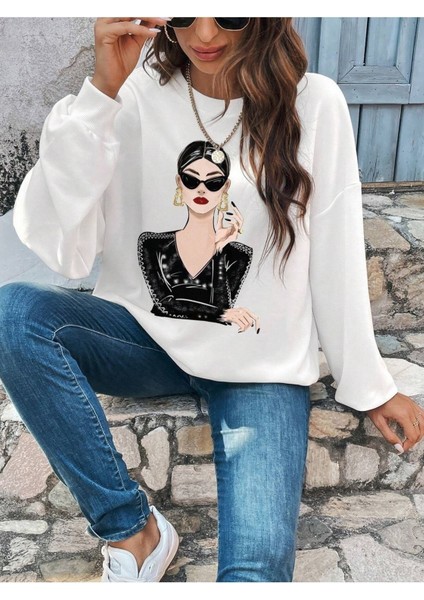 Siyah Giyen Kadın Baskılı Bisiklet Yaka Ünisex Siyah Oversize Sweatshirt