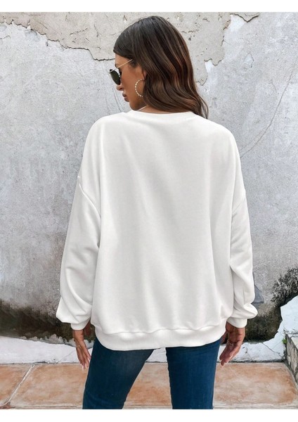 Siyah Giyen Kadın Baskılı Bisiklet Yaka Ünisex Siyah Oversize Sweatshirt fiyatları