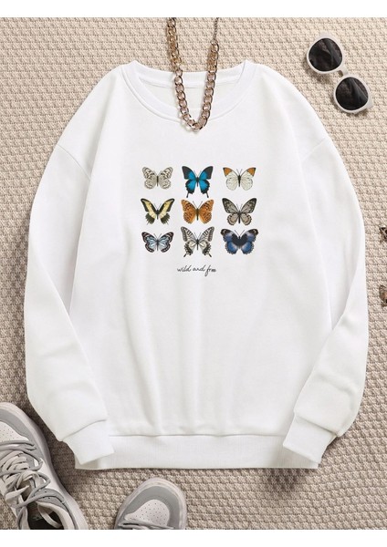 Kadın Oversize Beyaz Wild And Free Kelebek Baskılı 3iplik Sweatshirt