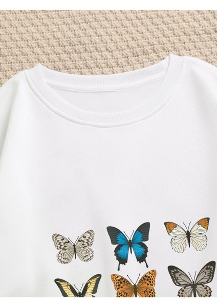 Kadın Oversize Beyaz Wild And Free Kelebek Baskılı 3iplik Sweatshirt fiyatları