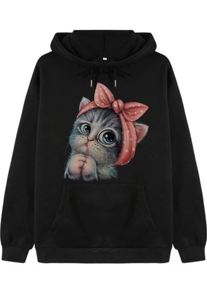 Sevimli Kedi Baskılı Oversize Sweatshirt