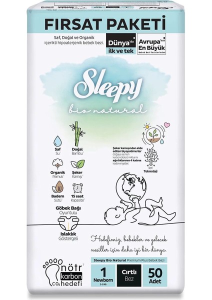Sleepy Bio Natural Bebek Bezi Fırsat Paketi 1 Beden 50 Adet