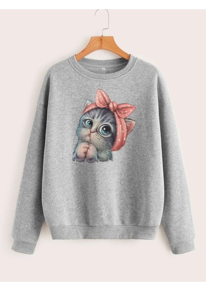 Sevimli Kedi Baskılı Oversize Sweatshirt