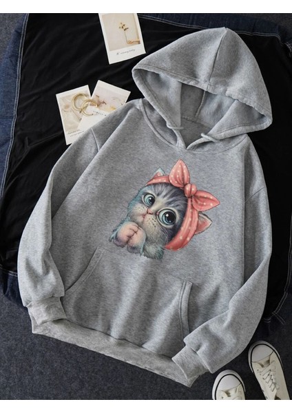 Sevimli Kedi Baskılı Oversize Sweatshirt
