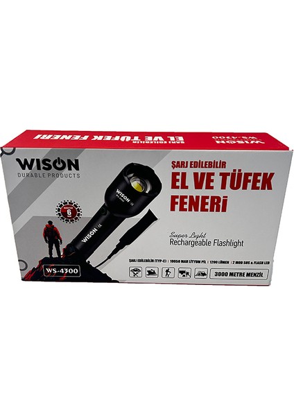 WS-4300 Şarjlı El ve Tüfek Feneri Avcı Feneri Tüfek Bağlatılı 1200 Lümen