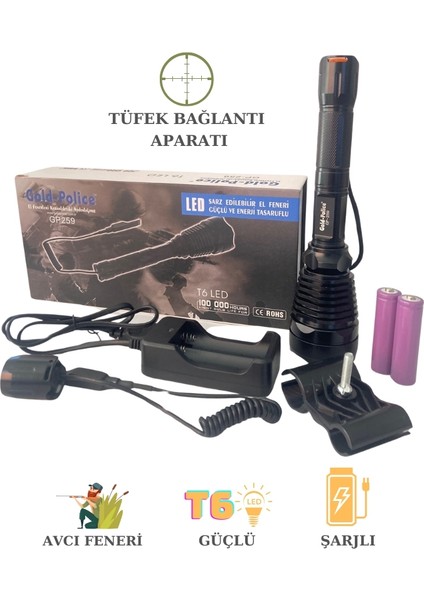 Gold Police GP-259 Tüfek Bağlantı Aparatlı Şarjlı El Feneri Profesyonel Avcı Feneri