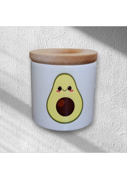 Avokado Baskılı Ahşap Kapaklı Seramik Kalemlik Kalem Kutusu