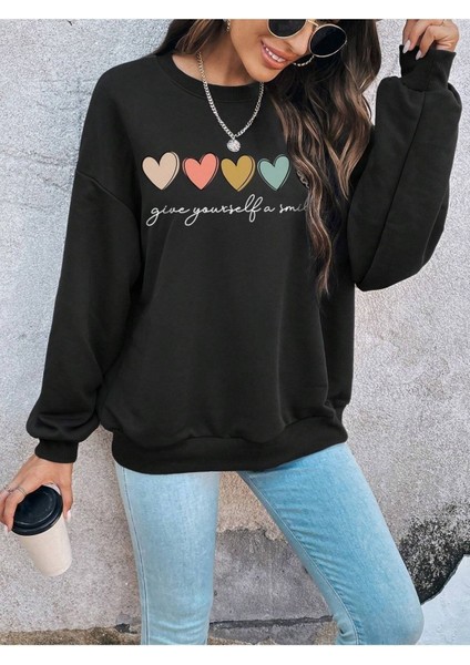 5li Kalp Baskılı Bisiklet Yaka Ünisex Siyah Oversize Sweatshirt modelleri