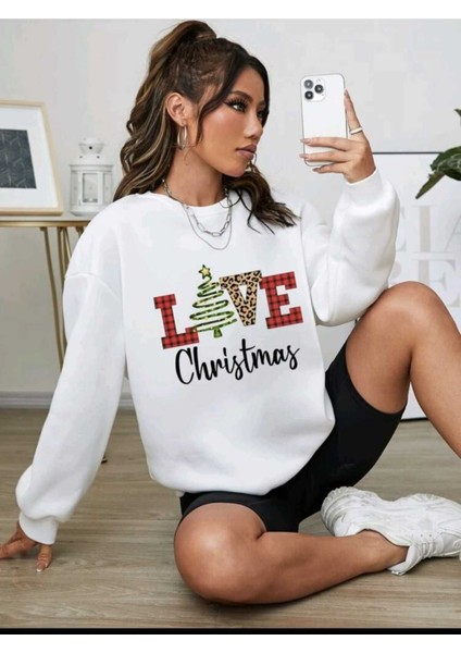 Yeni Yıl Temalı Bisiklet Yaka Beyaz Ünisex Oversize Sweatshirt