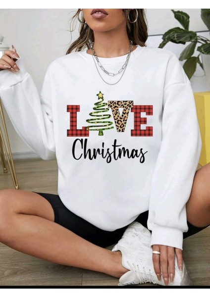 Yeni Yıl Temalı Bisiklet Yaka Beyaz Ünisex Oversize Sweatshirt modelleri
