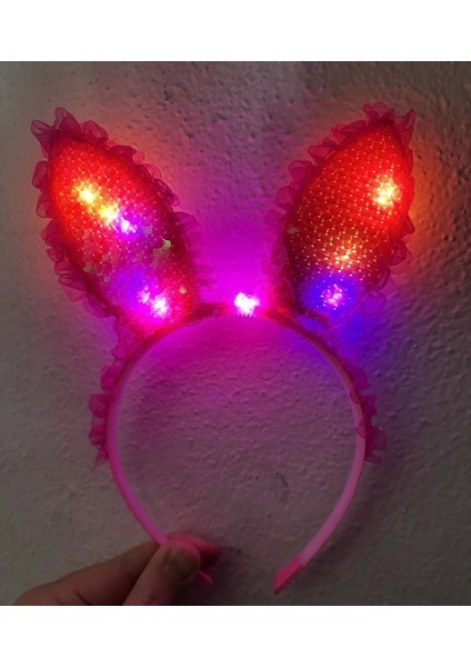 Çocuk kenarları Dantelli Fuşya Pullu Payetli LED Işıklı Tavşan Kulak Taç 23X19 cm