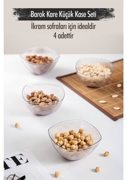 Akrilik Barok Şeffaf Kare 4'lü Küçük Kase Seti & Çerezlik & Sunumluk & Ikramlık (Cam Değildir)