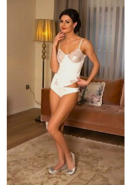 Pudra Renk Ince Askılı Dantelli Atlet ve Slip Külot Takım - Kadın Iç Çamaşırı Takımı - Çeyiz Bohça Hediye