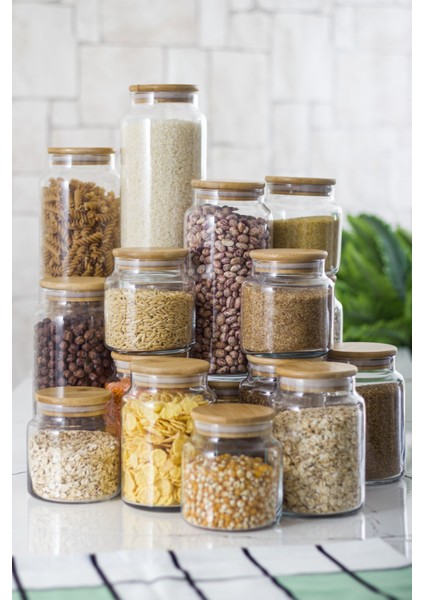 9'lu Set Bambu Kapaklı Cam Kavanoz & Erzak Saklama Kabı 3 x (1.3 lt 0.80 lt 0.50 lt ( Vakum Kapak )