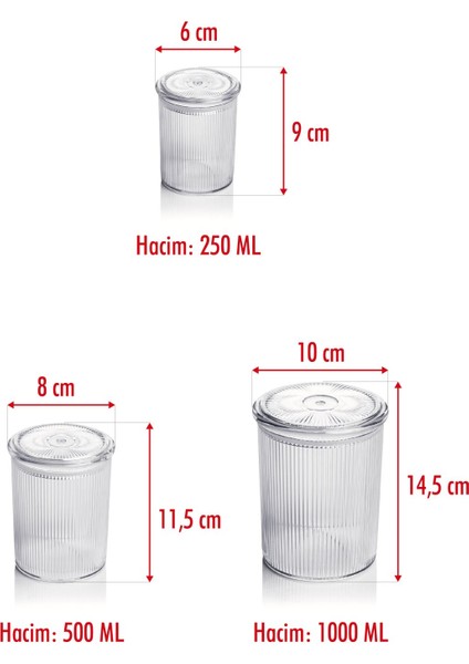 12'li Barok Yuvarlak 3 Boy Kavanoz Seti & Saklama Kabı & Erzak Kabı (4*1000 ml, 4*500 ml,4*250 ml)