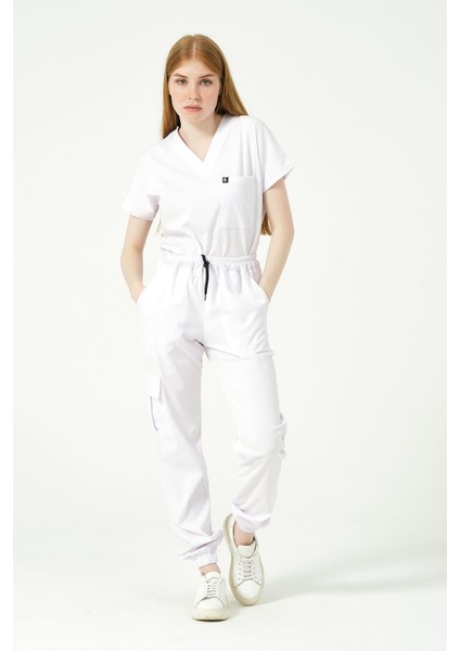 Beyaz Likralı Scrubs Kargo Cep Jogger Paça Doktor Hemşire Forması Yarasa Kol Takım Unisex