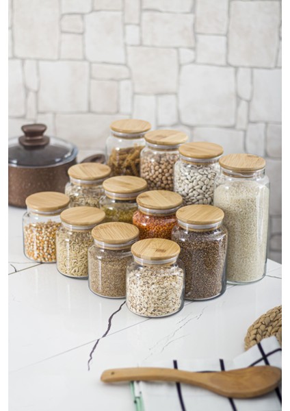 12'li Set Bambu Kapaklı Cam Kavanoz & Erzak Saklama Kabı 4 x (1.3 lt 0.80 lt 0.50 lt ( Vakum Kapak )