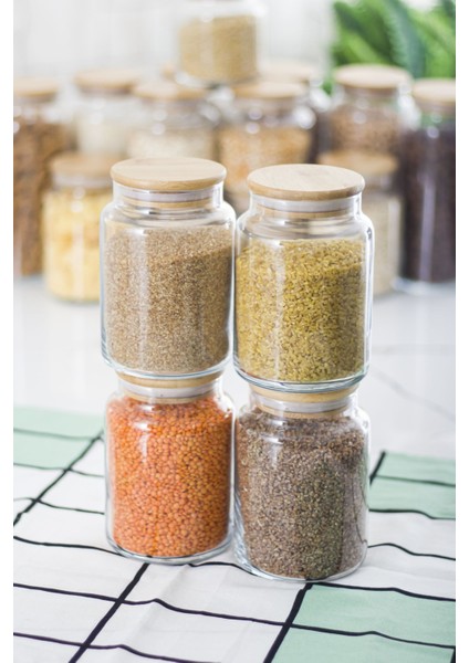 12'li Set Bambu Kapaklı Cam Kavanoz & Erzak Saklama Kabı 4 x (1.3 lt 0.80 lt 0.50 lt ( Vakum Kapak )