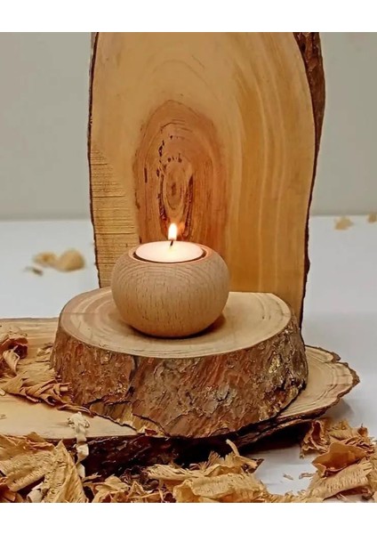 Ahşap Mumluk 3'lü Takım Bombe Şamdan Dekoratif Ahşap Mumluk