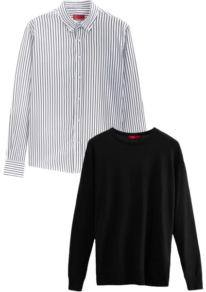 Ds Damat Slim Fit Siyah Pamuk Karışımlı 2'li Bisiklet Yaka Gömlek ve Kazak