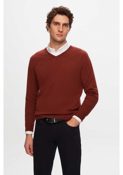 Ds Damat Slim Fit Kiremit Pamuk Karışımlı 2'li V Yaka Triko ve Gömlek fiyatları