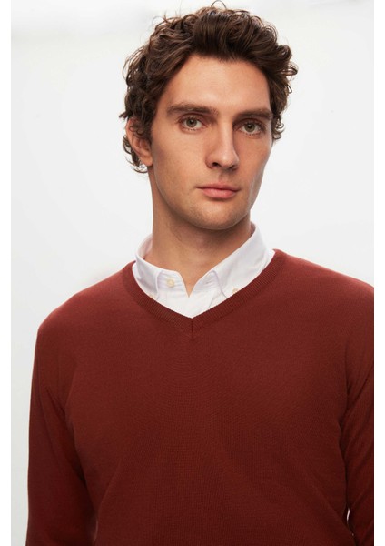Ds Damat Slim Fit Kiremit Pamuk Karışımlı 2'li V Yaka Triko ve Gömlek modelleri