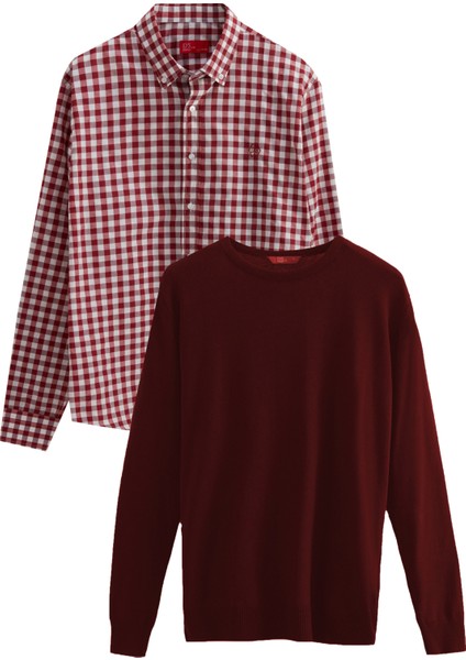 Ds Damat Slim Fit Bordo Pamuk Karışımlı 2'li Bisiklet Yaka Triko ve Gömlek