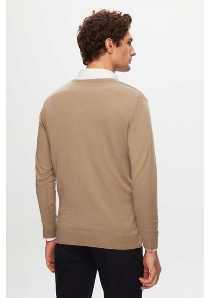 Ds Damat Slim Fit Bej Pamuk Karışımlı 2'li V Yaka Triko ve Gömlek