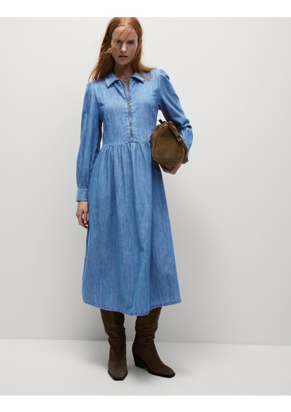 Denim Önü Fermuarlı Midi Elbise
