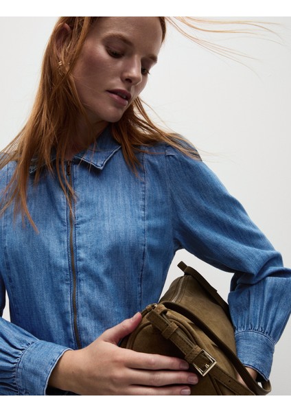 Denim Önü Fermuarlı Midi Elbise