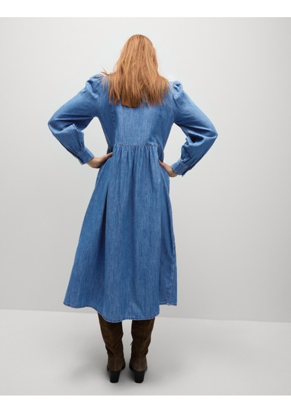 Denim Önü Fermuarlı Midi Elbise