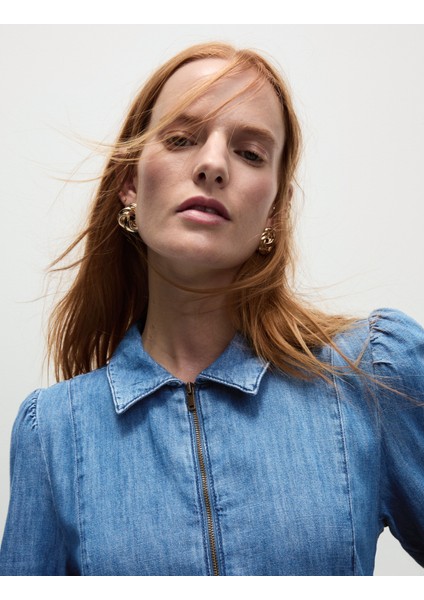 Denim Önü Fermuarlı Midi Elbise