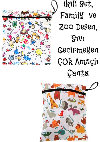 2 Adet, 37 x 30 Cm, Family ve Zoo Desen, Sıvı Geçirmeyen Çok Amaçlı Çanta, Ekonomik Set, Yıkanabilir