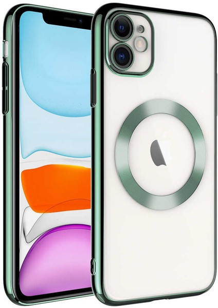 Apple iPhone 11 Kılıf Wireless Şarj Özellikli Sert Pc Riksos Magsafe Kapak-Koyu Yeşil