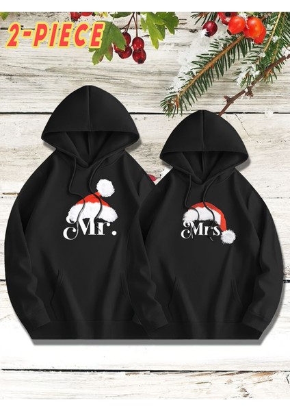 Noel Baba Şapkası Baskılı 2'li Sevgili Kombin Oversize Kapüşonlu Sweatshirt