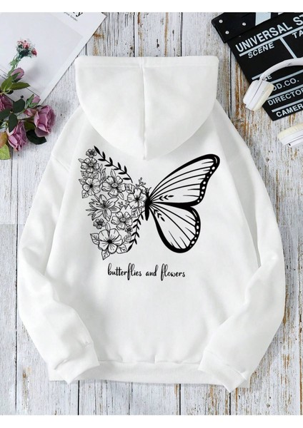 Unisex Oversize Kelebek Baskılı Kapüşonlu Sweatshirt