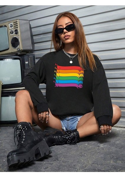 Uzun Renkli 6lı Kedi Baskılı Bisiklet Yaka Ünisex Siyah Oversize Sweatshirt