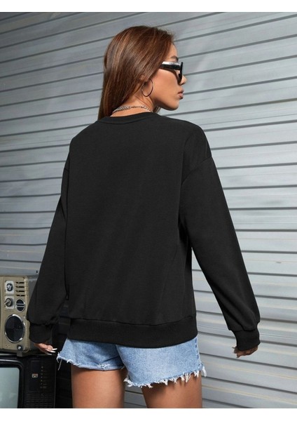 Uzun Renkli 6lı Kedi Baskılı Bisiklet Yaka Ünisex Siyah Oversize Sweatshirt fiyatları