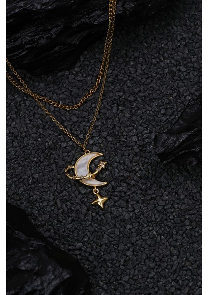 Kadın Çelik Ayyıldız Çifli Kolye Gold