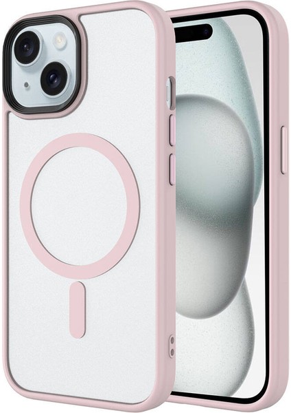 Apple iPhone 15 Plus Kılıf Mat Arka Yüzey Wireless Şarj Özellikli Zore Flet Magsafe Kapak-Pembe