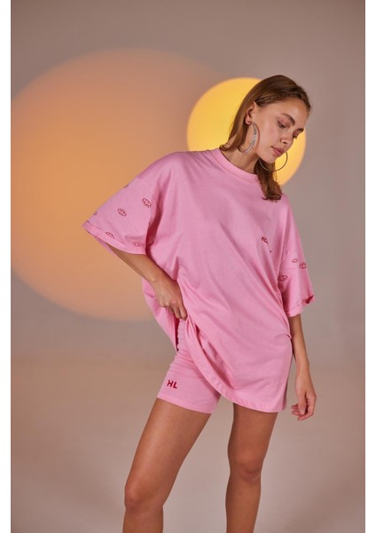 Göz Baskılı Oversize Eye Tshirt Bike Tayt Takım Pembe