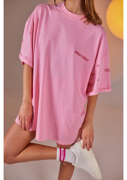 Göz Baskılı Oversize Eye Tshirt Bike Tayt Takım Pembe modelleri