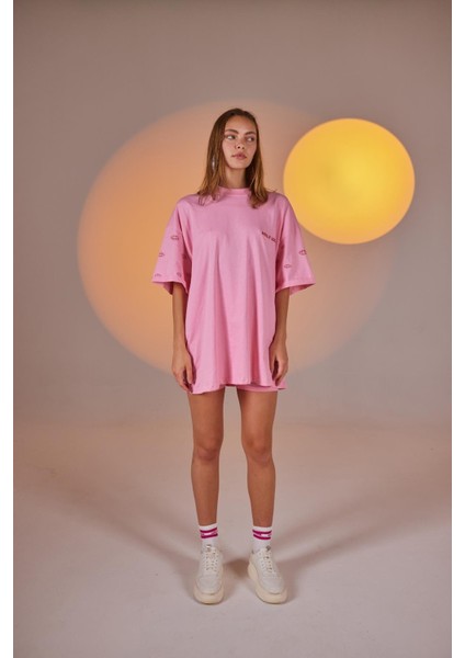 Göz Baskılı Oversize Eye Tshirt Bike Tayt Takım Pembe indirimleri
