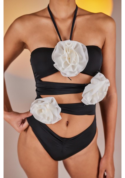 Çıkarılabilir Çiçek Detaylı Cutout Kesim Premium Swagger Mayo Siyah fiyatları