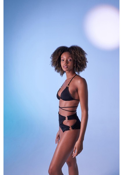 Yüksek Bel Aksesuar Detaylı Delphi Bikini Altı Siyah