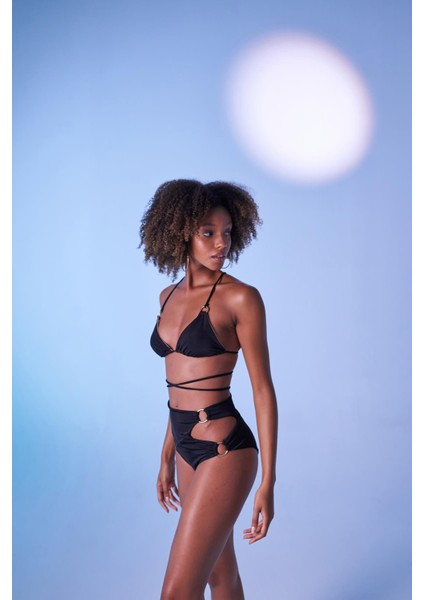 Yüksek Bel Aksesuar Detaylı Delphi Bikini Altı Siyah