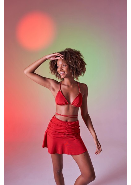 Yüksek Bel Büzgü Detaylı Delphi Mini Etek Kırmızı